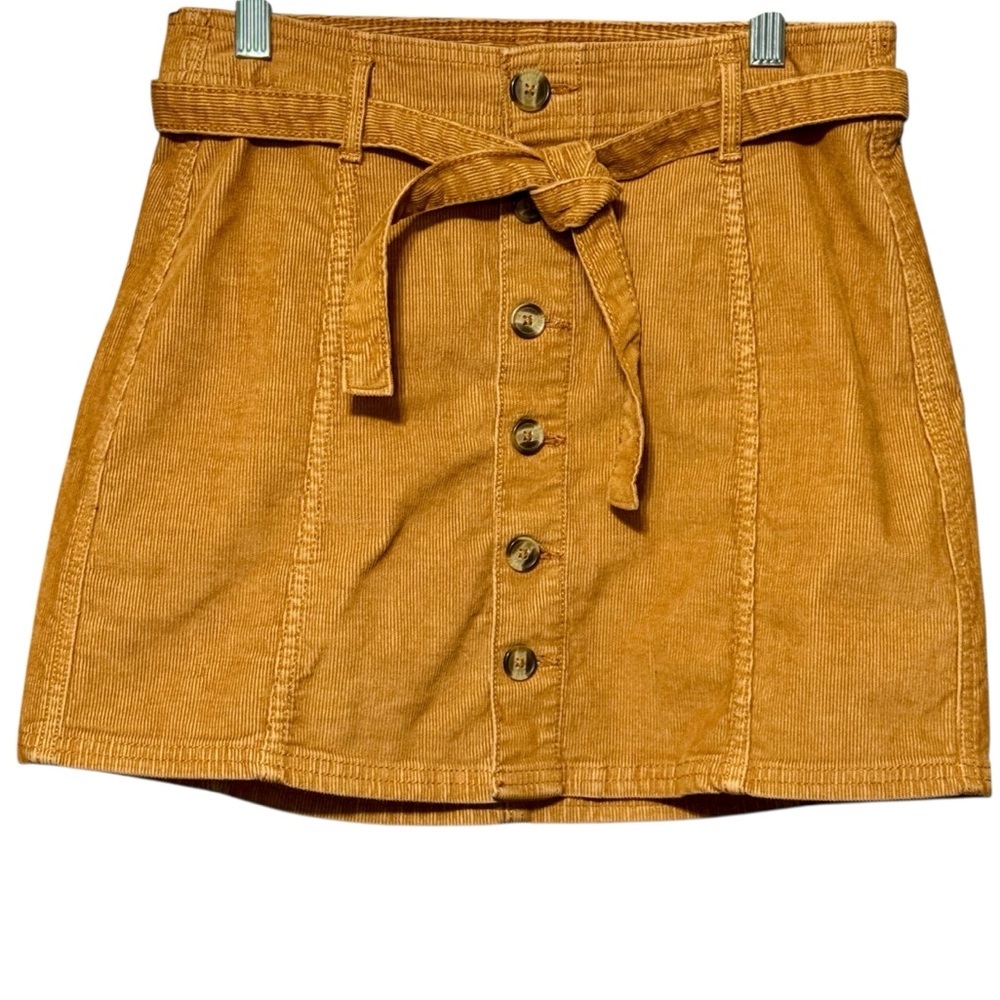 American Eagle High Rise A Line Corduroy Y2K Button Front Belted Tie Waist Skirt - Picture 4 of 9